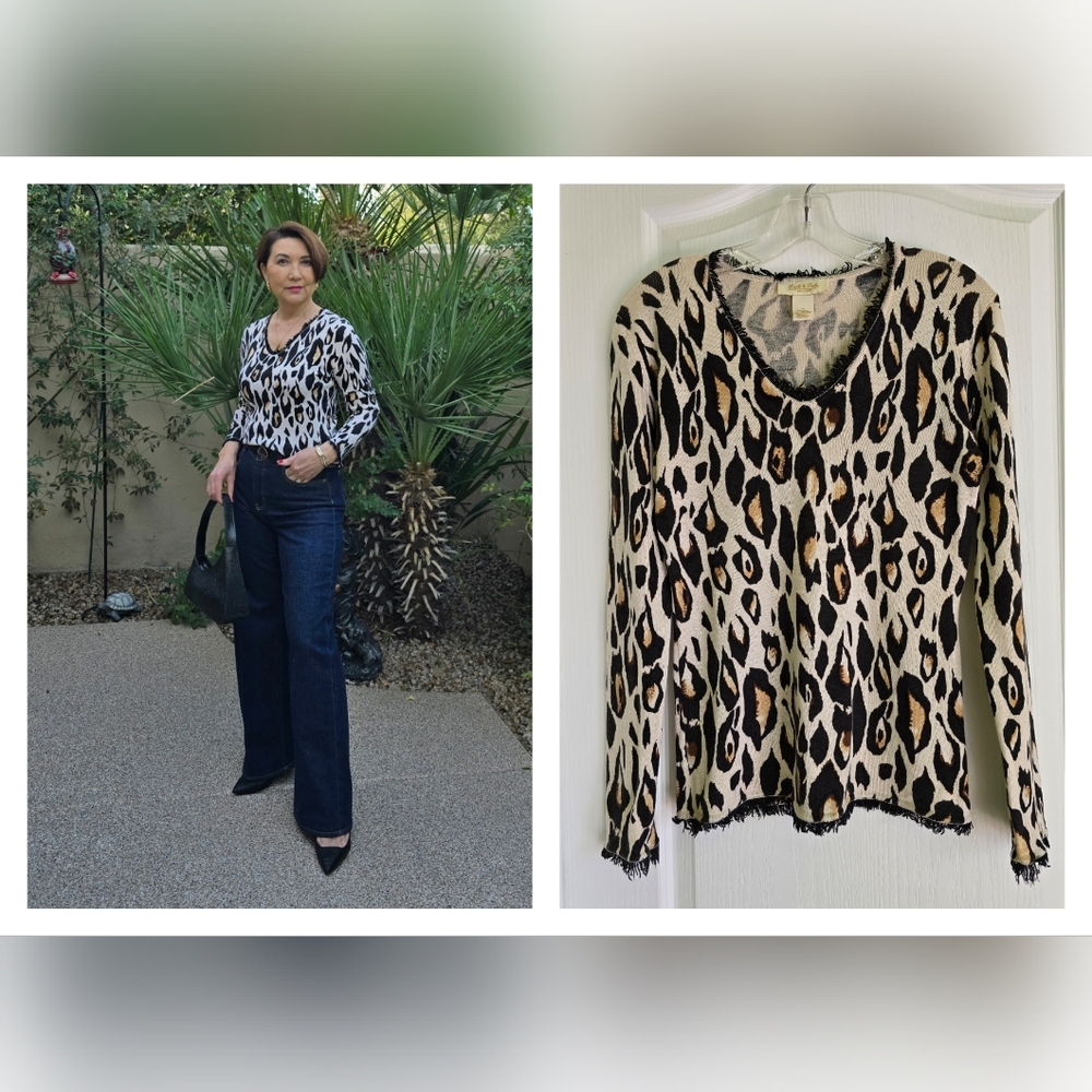 EUC Peck & Peck Silk and Cashmere Blend Animal Print V-Neck Sweater, Size S